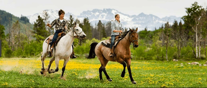 Confident plus-size woman riding Middleton Park a horse through a field with a smile on her face.